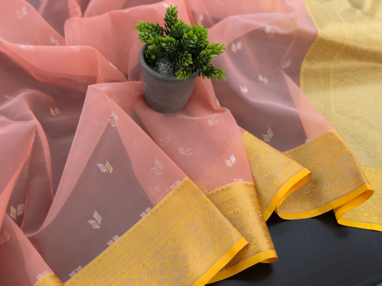 Perfect Traditional Sarees in Soft Pastel Hues! Pure Kora Muslin Saree with Sacha 140 Counts Silver and Olden Zari Weaved Buttas with Royal Rajwada Border and Aanchal