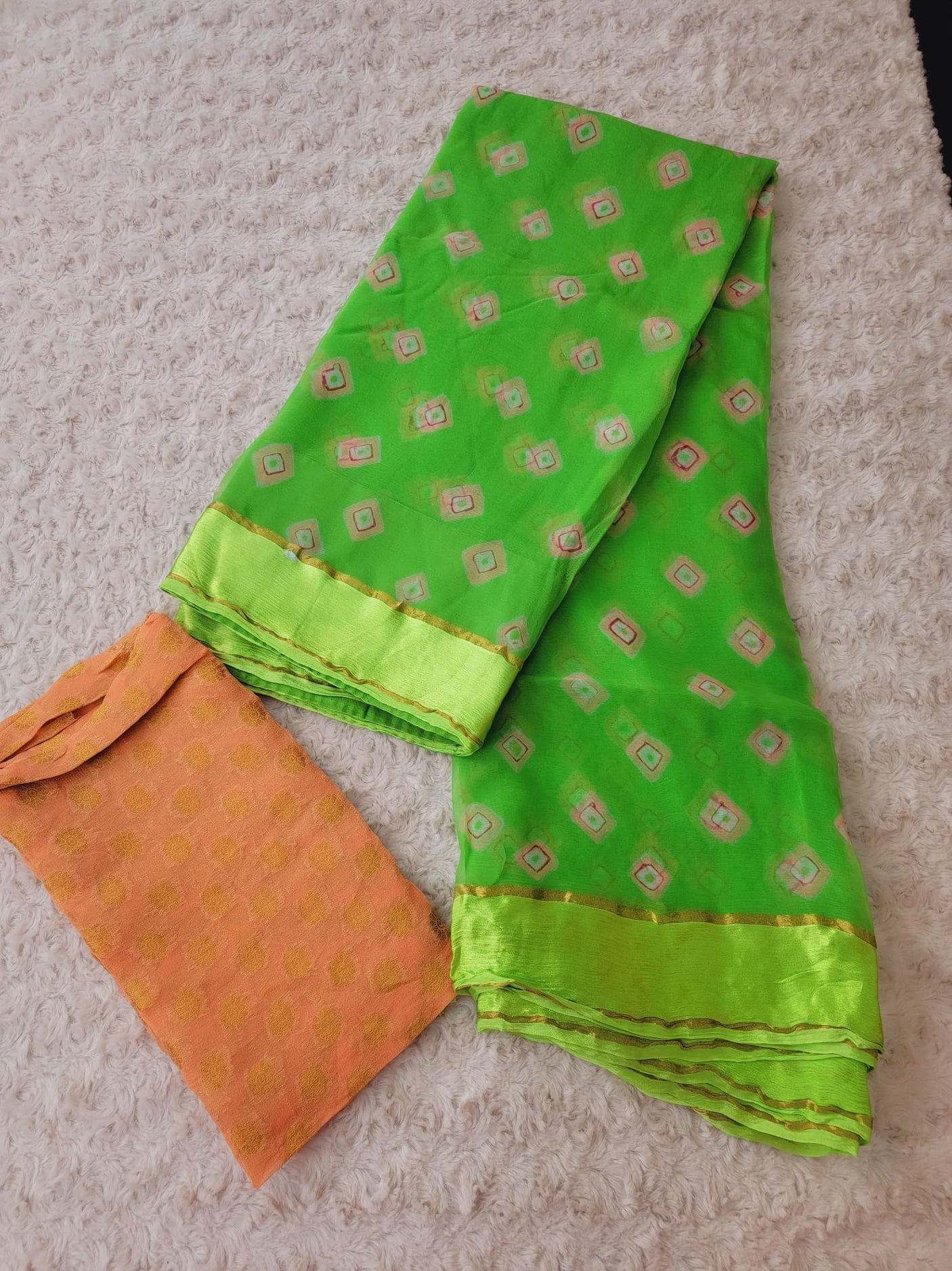 Pure chiffon chindre saree with running khaddi katan blouse pc