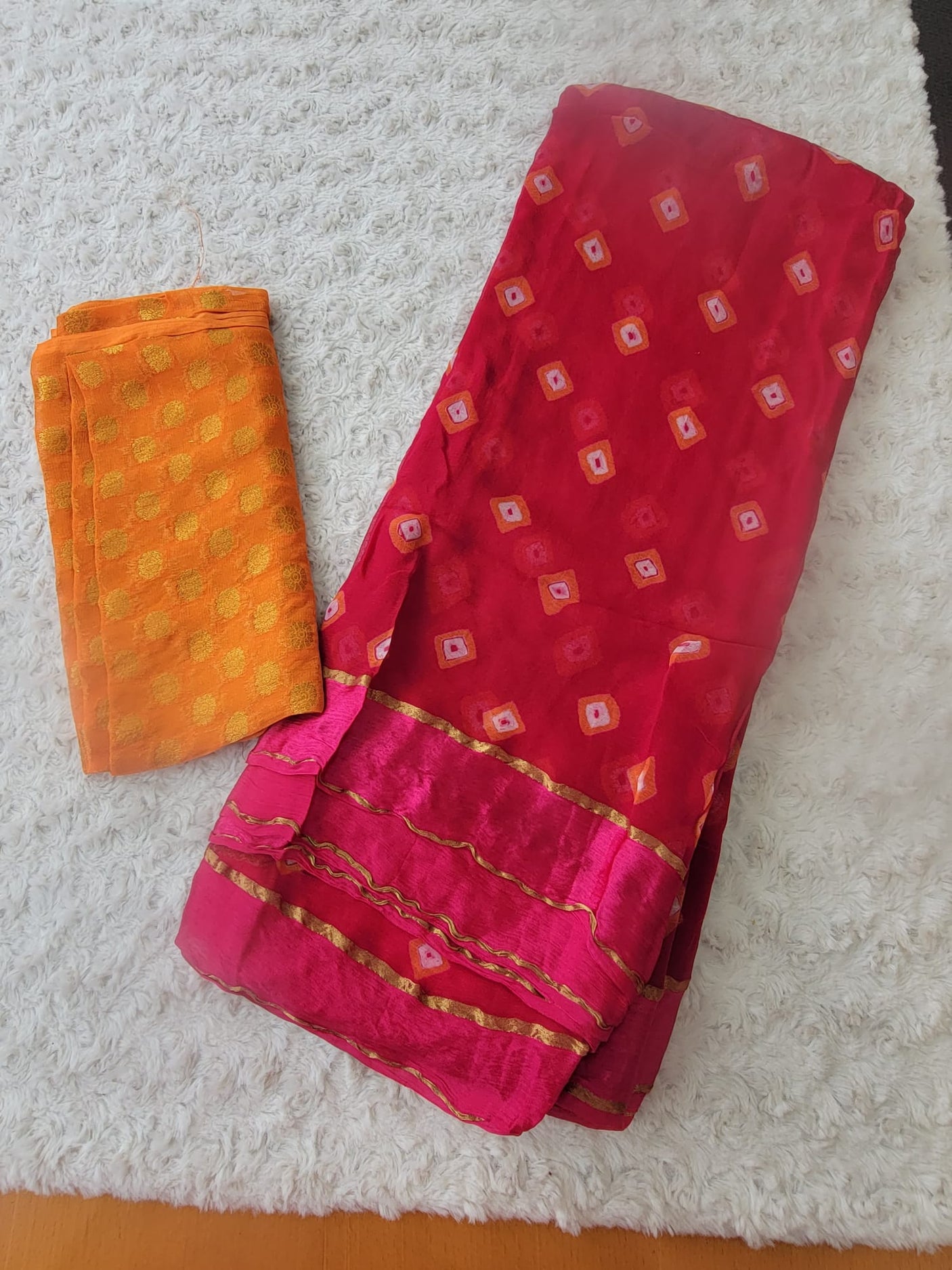 Pure chiffon chindre saree with running khaddi katan blouse pc