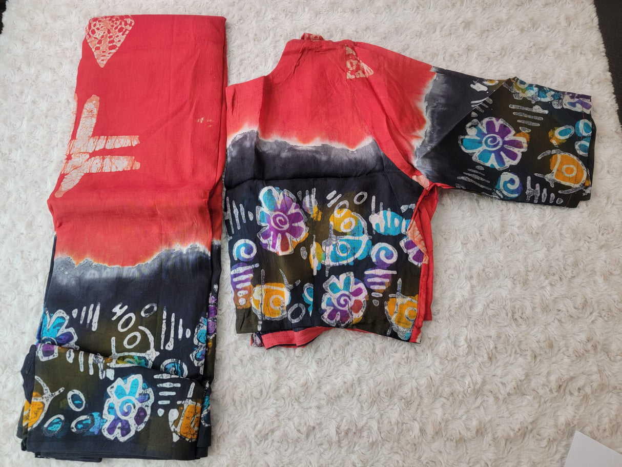 Raw Silk Batik Saree with stitched blouse
