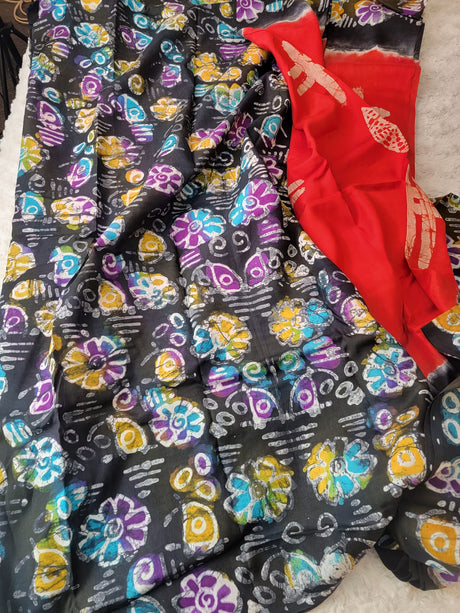 Raw Silk Batik Saree with stitched blouse
