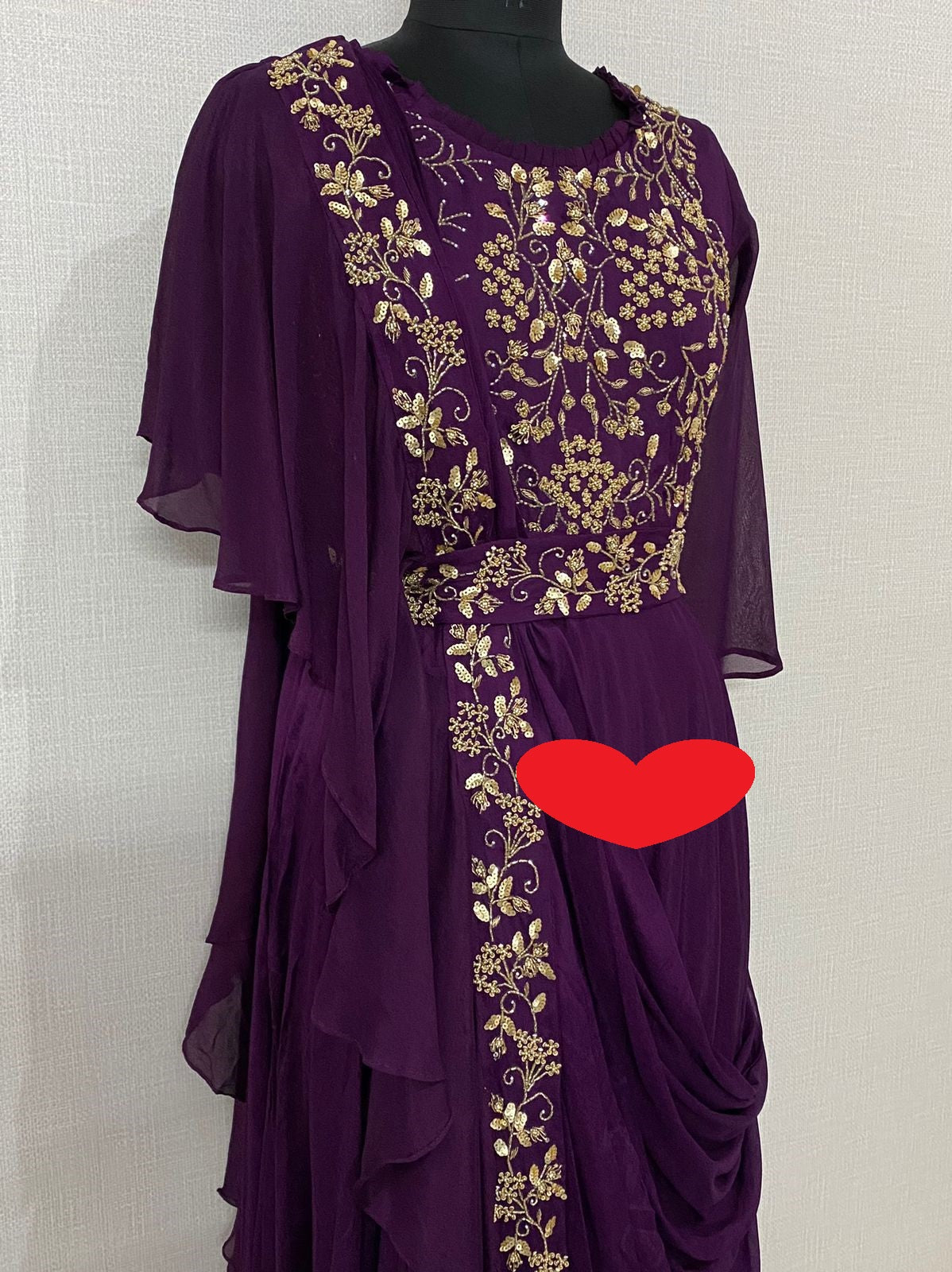 Pure Imported Crepe Ready To Wear Attached Draping Saree Style Gown With Lining Attached And Beautiful Beads Cutdana Pearl Sequence And Dabka Zari Hand Work Detailing