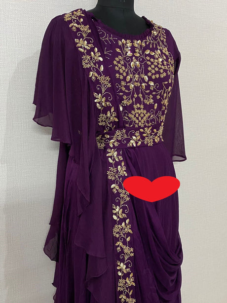 Pure Imported Crepe Ready To Wear Attached Draping Saree Style Gown With Lining Attached And Beautiful Beads Cutdana Pearl Sequence And Dabka Zari Hand Work Detailing