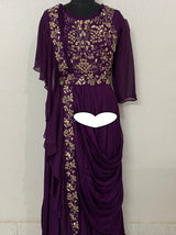 Pure Imported Crepe Ready To Wear Attached Draping Saree Style Gown With Lining Attached And Beautiful Beads Cutdana Pearl Sequence And Dabka Zari Hand Work Detailing