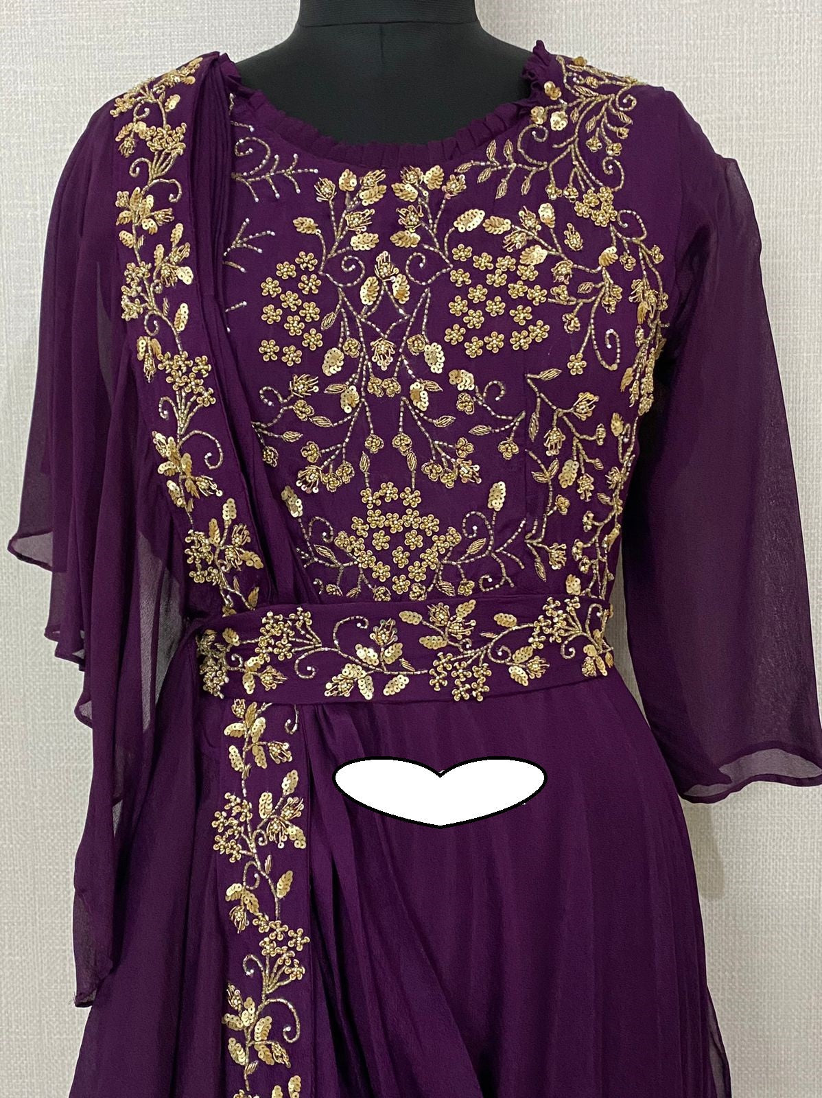 Pure Imported Crepe Ready To Wear Attached Draping Saree Style Gown With Lining Attached And Beautiful Beads Cutdana Pearl Sequence And Dabka Zari Hand Work Detailing