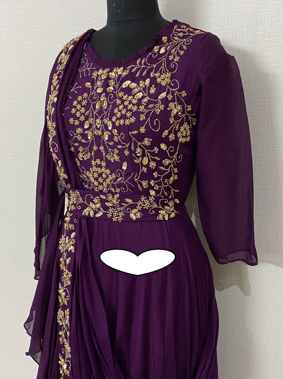 Pure Imported Crepe Ready To Wear Attached Draping Saree Style Gown With Lining Attached And Beautiful Beads Cutdana Pearl Sequence And Dabka Zari Hand Work Detailing