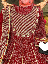 Premium maslin anarkali kurti with all over gota work &  work on yoke paired with maslin pant & chiffon dupatta with gota detailing.