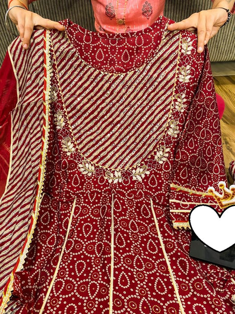 Premium maslin anarkali kurti with all over gota work &  work on yoke paired with maslin pant & chiffon dupatta with gota detailing.