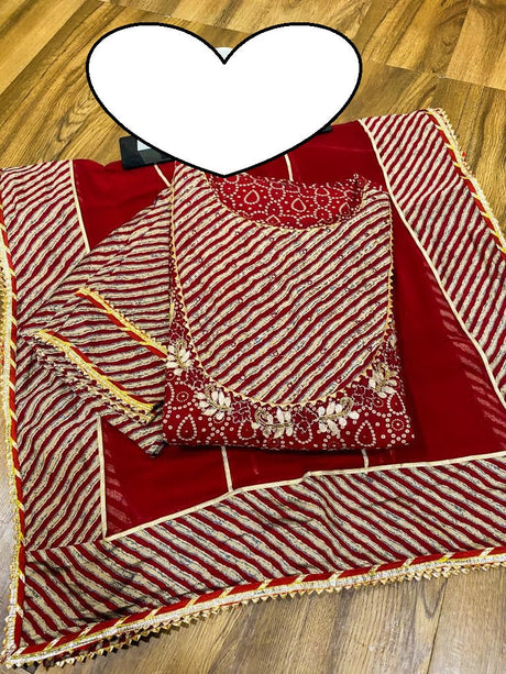 Premium maslin anarkali kurti with all over gota work &  work on yoke paired with maslin pant & chiffon dupatta with gota detailing.