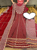 Premium maslin anarkali kurti with all over gota work &  work on yoke paired with maslin pant & chiffon dupatta with gota detailing.