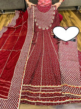 Premium maslin anarkali kurti with all over gota work &  work on yoke paired with maslin pant & chiffon dupatta with gota detailing.