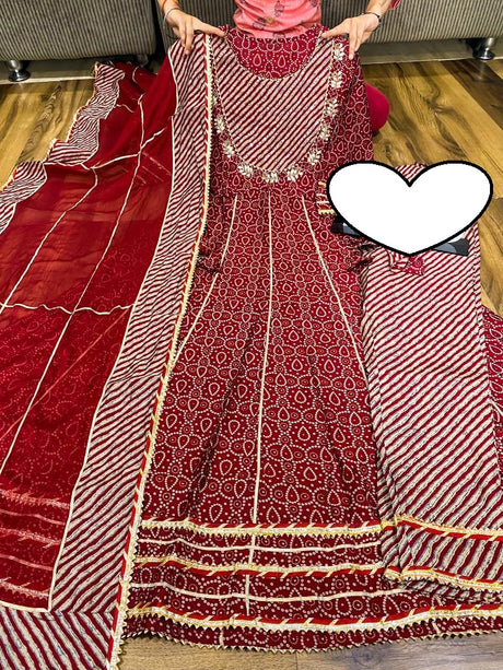 Premium maslin anarkali kurti with all over gota work &  work on yoke paired with maslin pant & chiffon dupatta with gota detailing.