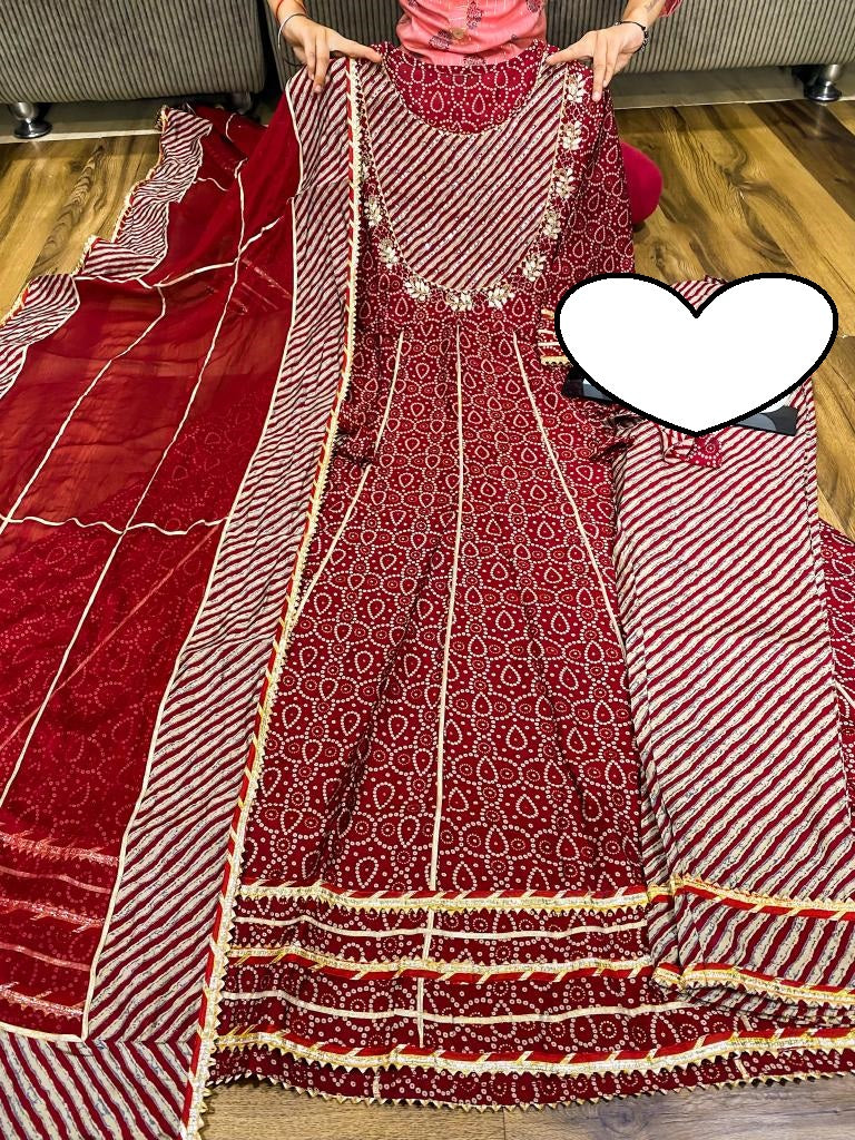 Premium maslin anarkali kurti with all over gota work &  work on yoke paired with maslin pant & chiffon dupatta with gota detailing.