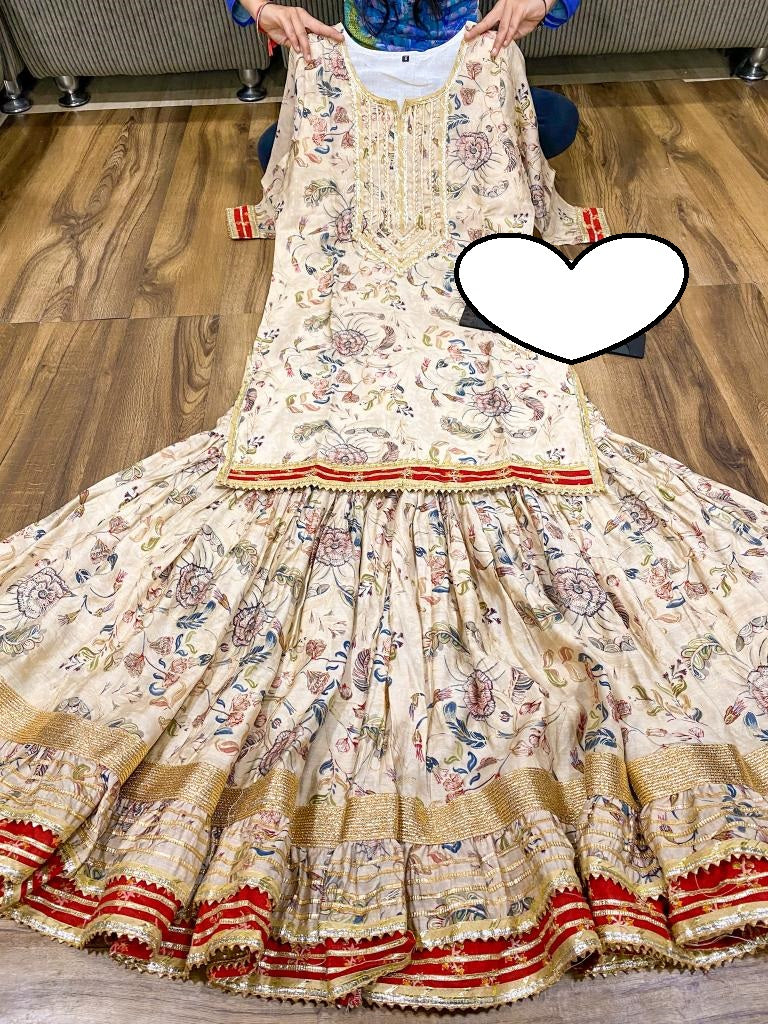 Premium maslin kurti with heavy detailing of gota & lace