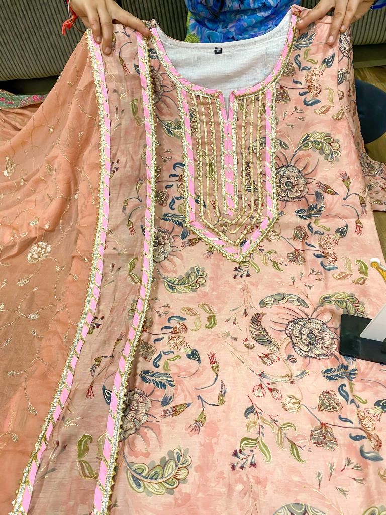 Premium maslin kurti with heavy detailing of gota & lace