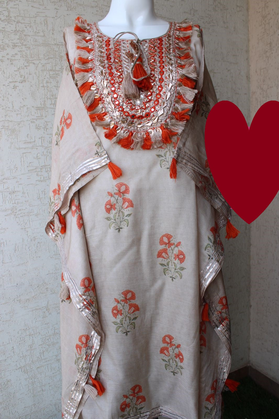 Designer Kaftan, Pure Muslin Ready To Wear Printed Kaftan Dress With Beautiful Thread Gotta Mirror Foil Work On Neckline With Added Tassels, Ready To Wear Pure Khadi Cotton Pants