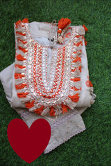 Designer Kaftan, Pure Muslin Ready To Wear Printed Kaftan Dress With Beautiful Thread Gotta Mirror Foil Work On Neckline With Added Tassels, Ready To Wear Pure Khadi Cotton Pants