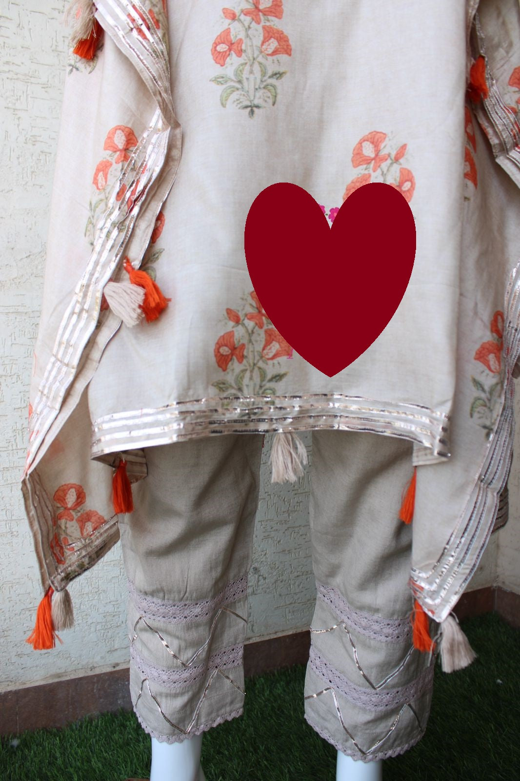 Designer Kaftan, Pure Muslin Ready To Wear Printed Kaftan Dress With Beautiful Thread Gotta Mirror Foil Work On Neckline With Added Tassels, Ready To Wear Pure Khadi Cotton Pants