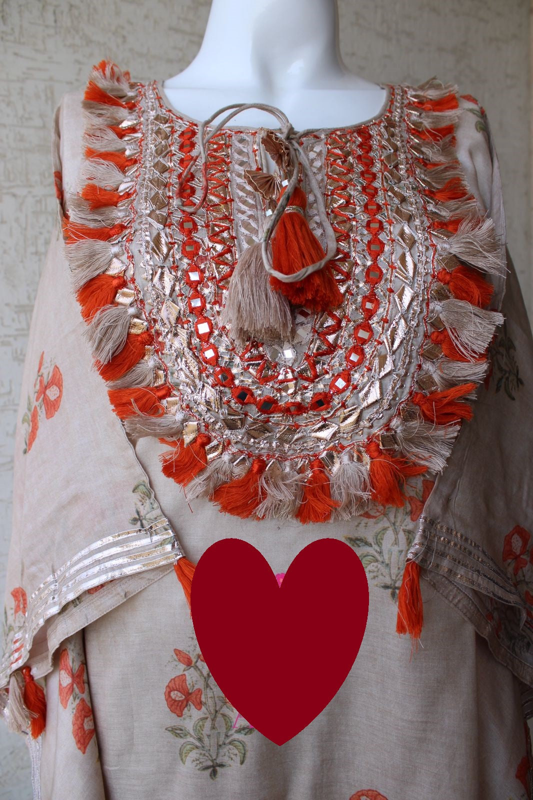 Designer Kaftan, Pure Muslin Ready To Wear Printed Kaftan Dress With Beautiful Thread Gotta Mirror Foil Work On Neckline With Added Tassels, Ready To Wear Pure Khadi Cotton Pants