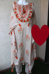 Designer Kaftan, Pure Muslin Ready To Wear Printed Kaftan Dress With Beautiful Thread Gotta Mirror Foil Work On Neckline With Added Tassels, Ready To Wear Pure Khadi Cotton Pants