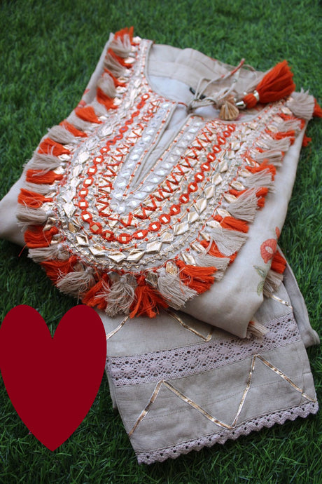 Designer Kaftan, Pure Muslin Ready To Wear Printed Kaftan Dress With Beautiful Thread Gotta Mirror Foil Work On Neckline With Added Tassels, Ready To Wear Pure Khadi Cotton Pants