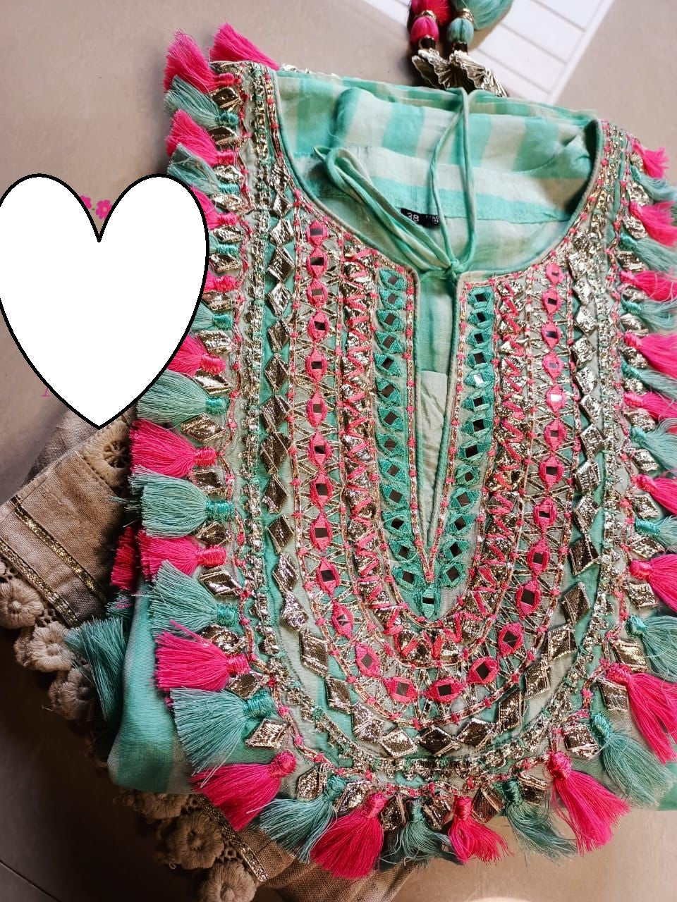 Designer Kaftan, Pure Muslin Ready To Wear Printed Kaftan Dress With Beautiful Thread Gotta Mirror Foil Work On Neckline With Added Tassels, Ready To Wear Pure Khadi Cotton Pants