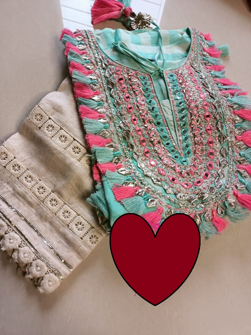 Designer Kaftan, Pure Muslin Ready To Wear Printed Kaftan Dress With Beautiful Thread Gotta Mirror Foil Work On Neckline With Added Tassels, Ready To Wear Pure Khadi Cotton Pants