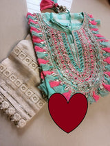 Designer Kaftan, Pure Muslin Ready To Wear Printed Kaftan Dress With Beautiful Thread Gotta Mirror Foil Work On Neckline With Added Tassels, Ready To Wear Pure Khadi Cotton Pants