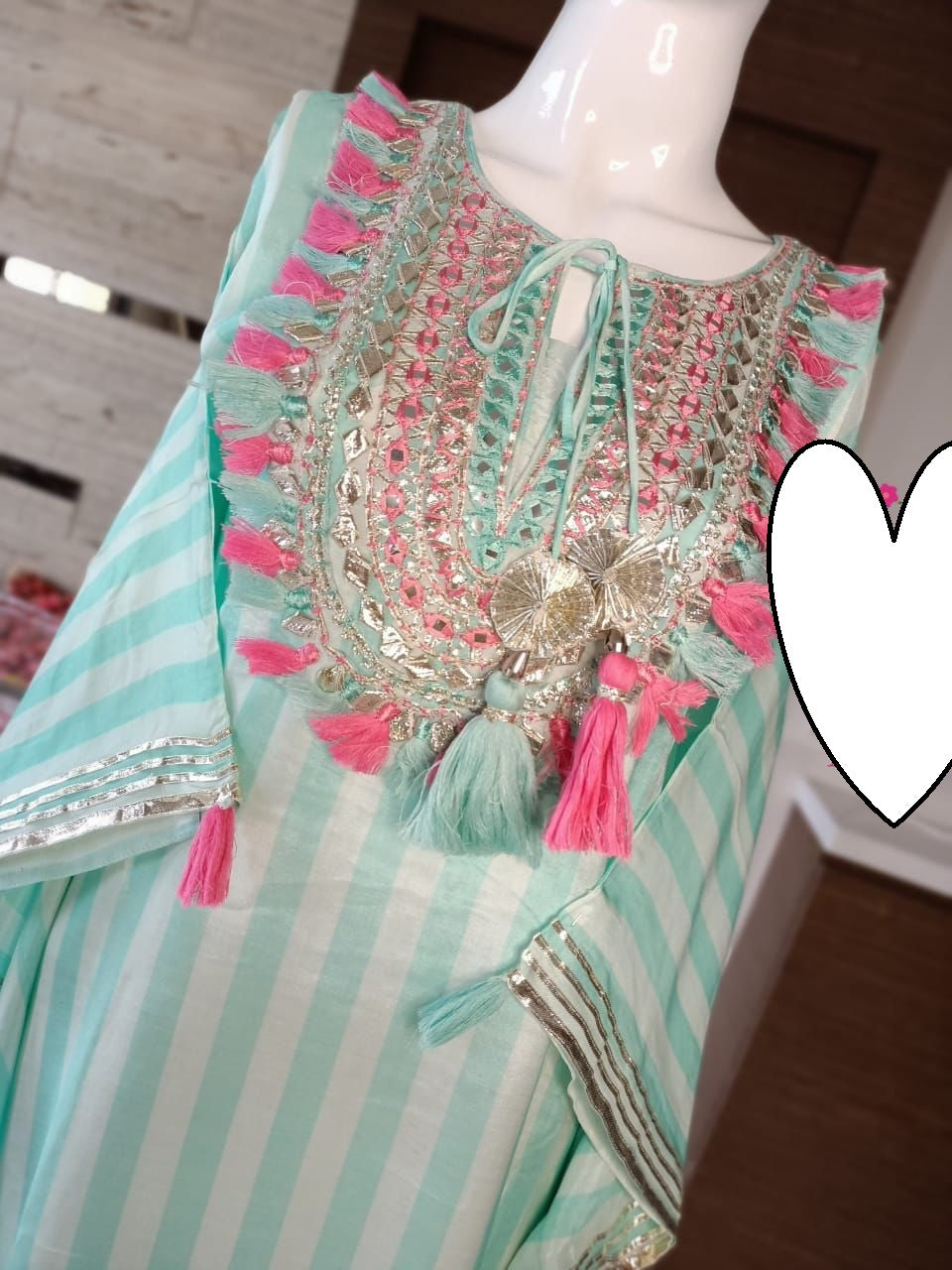 Designer Kaftan, Pure Muslin Ready To Wear Printed Kaftan Dress With Beautiful Thread Gotta Mirror Foil Work On Neckline With Added Tassels, Ready To Wear Pure Khadi Cotton Pants