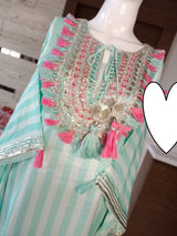 Designer Kaftan, Pure Muslin Ready To Wear Printed Kaftan Dress With Beautiful Thread Gotta Mirror Foil Work On Neckline With Added Tassels, Ready To Wear Pure Khadi Cotton Pants