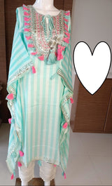 Designer Kaftan, Pure Muslin Ready To Wear Printed Kaftan Dress With Beautiful Thread Gotta Mirror Foil Work On Neckline With Added Tassels, Ready To Wear Pure Khadi Cotton Pants