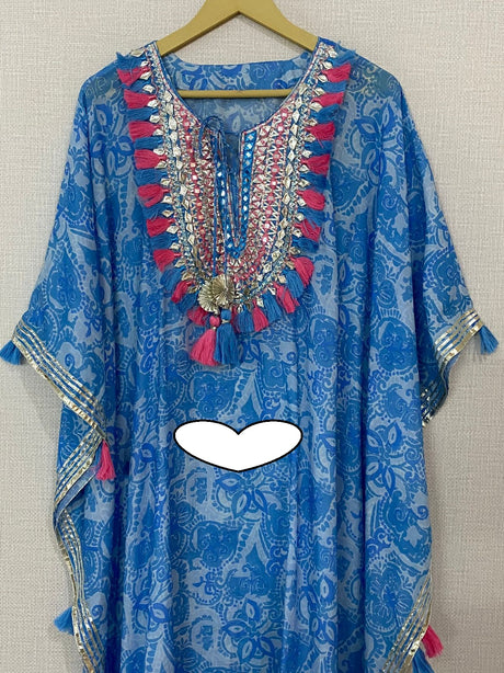 Designer Kaftan, Pure Muslin Ready To Wear Printed Kaftan Dress With Beautiful Thread Gotta Mirror Foil Work On Neckline With Added Tassels, Ready To Wear Pure Khadi Cotton Pants