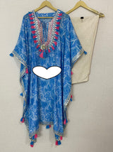 Designer Kaftan, Pure Muslin Ready To Wear Printed Kaftan Dress With Beautiful Thread Gotta Mirror Foil Work On Neckline With Added Tassels, Ready To Wear Pure Khadi Cotton Pants