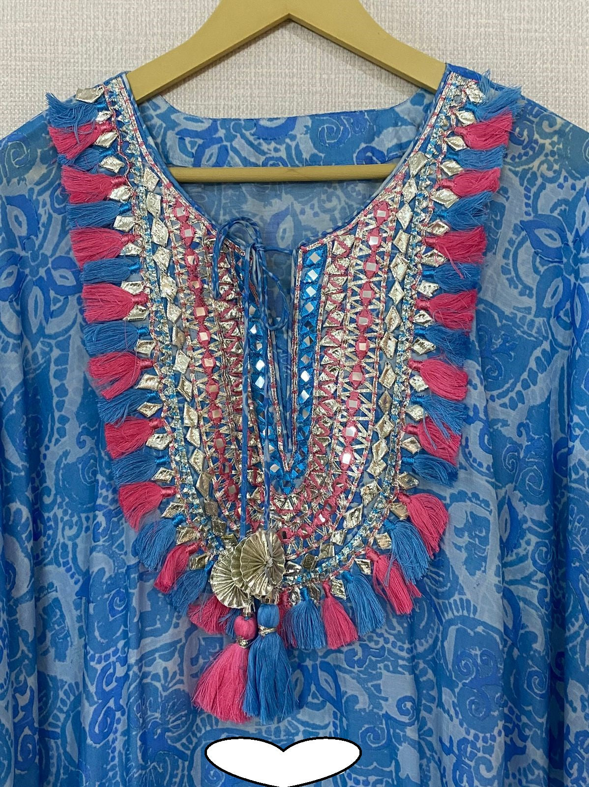 Designer Kaftan, Pure Muslin Ready To Wear Printed Kaftan Dress With Beautiful Thread Gotta Mirror Foil Work On Neckline With Added Tassels, Ready To Wear Pure Khadi Cotton Pants