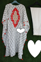 Beautiful cotton printed stitched kaftan with thread embroidery on front n back Paired with cotton stitched pant with crochet lace