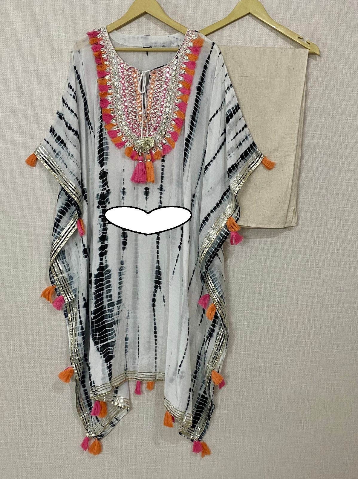 Designer Kaftan, Pure Muslin Ready To Wear Printed Kaftan Dress With Beautiful Thread Gotta Mirror Foil Work On Neckline With Added Tassels (Without Pants)
