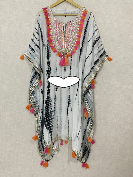 Designer Kaftan, Pure Muslin Ready To Wear Printed Kaftan Dress With Beautiful Thread Gotta Mirror Foil Work On Neckline With Added Tassels (Without Pants)