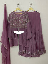 Pure Chinon Ready To Wear Peplum kurta With Attached Lining And Beautiful Silver Thread Work Embellished With Pearl Cutdana Detailing