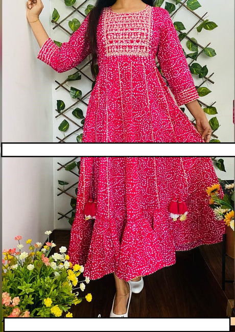 Premium Cotton Bandej Gown With Beautiful Embroidery On Yoke and Gota Detailing