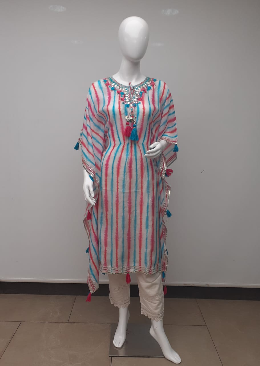 Designer Kaftan, Pure Muslin Ready To Wear Printed Kaftan Dress With Beautiful Thread Gotta Mirror Foil Work On Neckline With Added Tassels, Ready To Wear Pure Khadi Cotton Pants