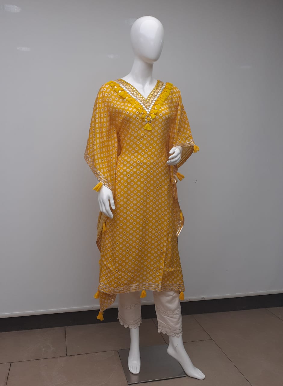 Designer Kaftan, Pure Muslin Ready To Wear Printed Kaftan Dress With Beautiful Thread Gotta Mirror Foil Work On Neckline With Added Tassels, Ready To Wear Pure Khadi Cotton Pants