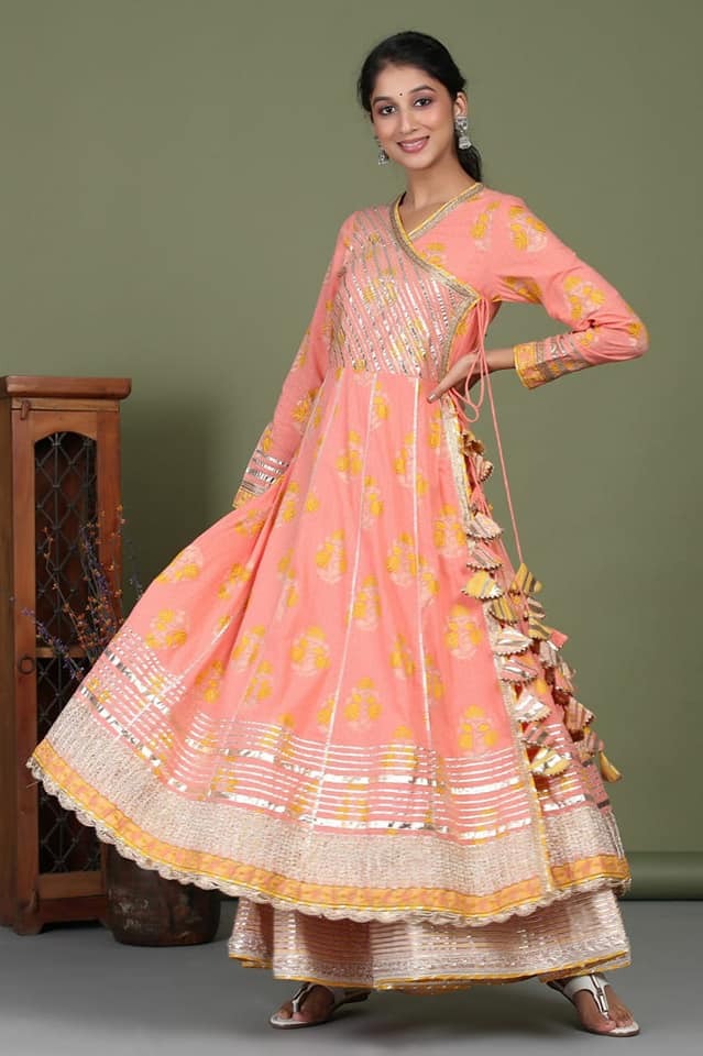 Premium heavy cotton designer anarkali kurti with side tslit  detailed with heavy gota work all over. Premium cotton sharara with heavy gota work Premium  organza duppata t with heavy gota flower & lace