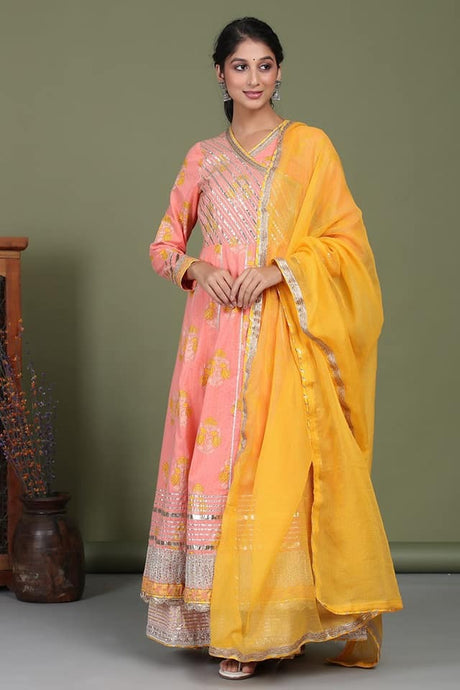 Premium heavy cotton designer anarkali kurti with side tslit  detailed with heavy gota work all over. Premium cotton sharara with heavy gota work Premium  organza duppata t with heavy gota flower & lace