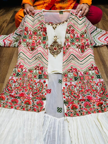 Premium Georgette crop top with beautiful zardosi , embroidery ,mirror work, Premium Georgette palazo,Premium Georgette jacket with beautiful embroidery & mirror work
