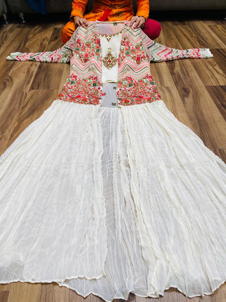 Premium Georgette crop top with beautiful zardosi , embroidery ,mirror work, Premium Georgette palazo,Premium Georgette jacket with beautiful embroidery & mirror work