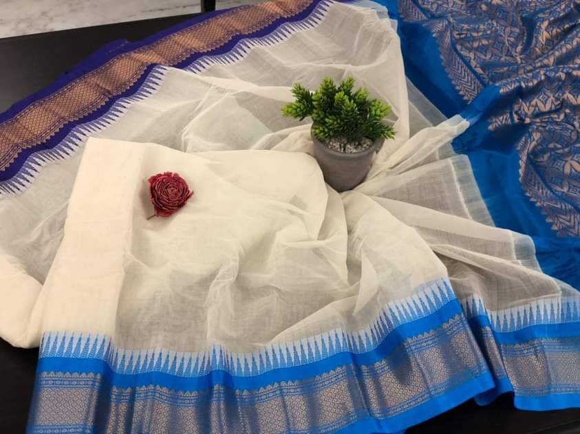 Pure Cotton Handcrafted Handloom Gadwal Sarees with Ganga Jamuna Border and Rich Zari Weavings In The Anchal n Border With blouse pc