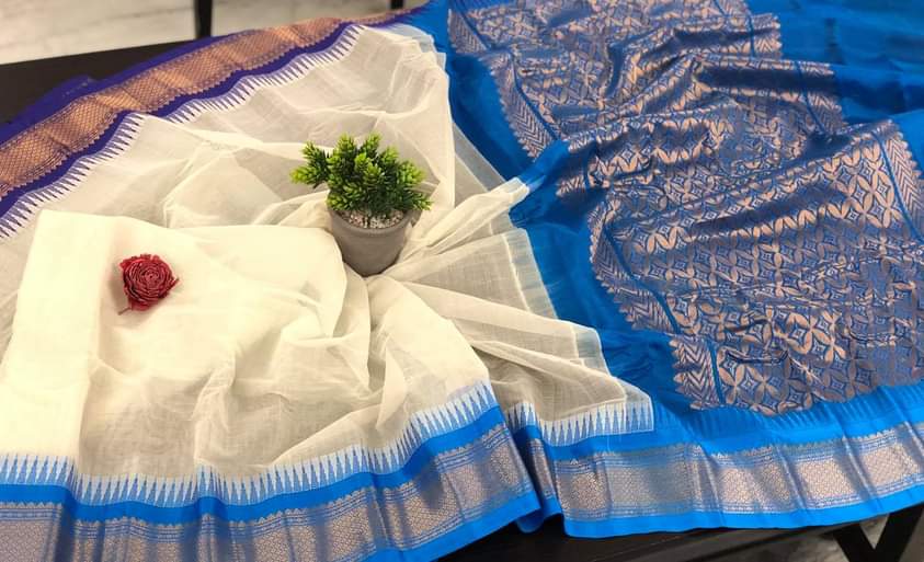 Pure Cotton Handcrafted Handloom Gadwal Sarees with Ganga Jamuna Border and Rich Zari Weavings In The Anchal n Border With blouse pc