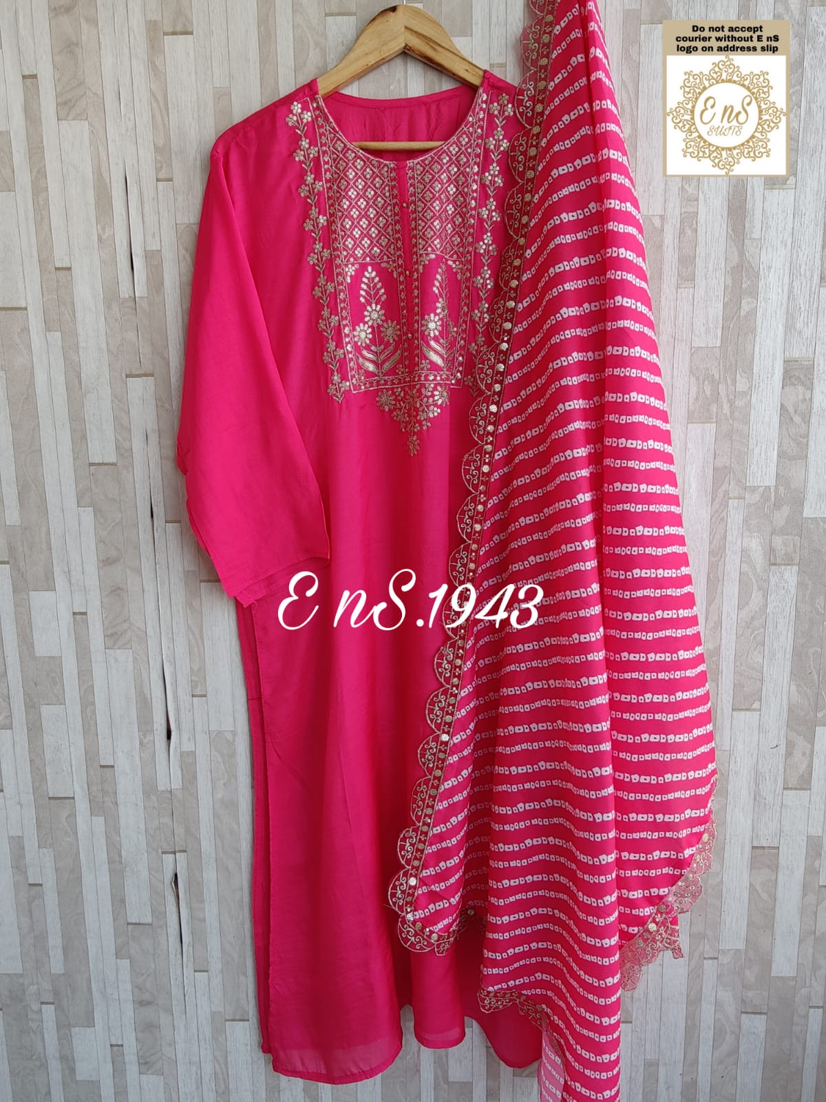 Pure russian silk with beautiful Patra mirror,gotta patti and resham embroidery on neck with tuscons ,gotta lace on ghera and sleeves, pure organza duppta with beautiful gotta patti and mirror handwork embroidery on duppta with print border