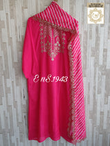 Pure russian silk with beautiful Patra mirror,gotta patti and resham embroidery on neck with tuscons ,gotta lace on ghera and sleeves, pure organza duppta with beautiful gotta patti and mirror handwork embroidery on duppta with print border