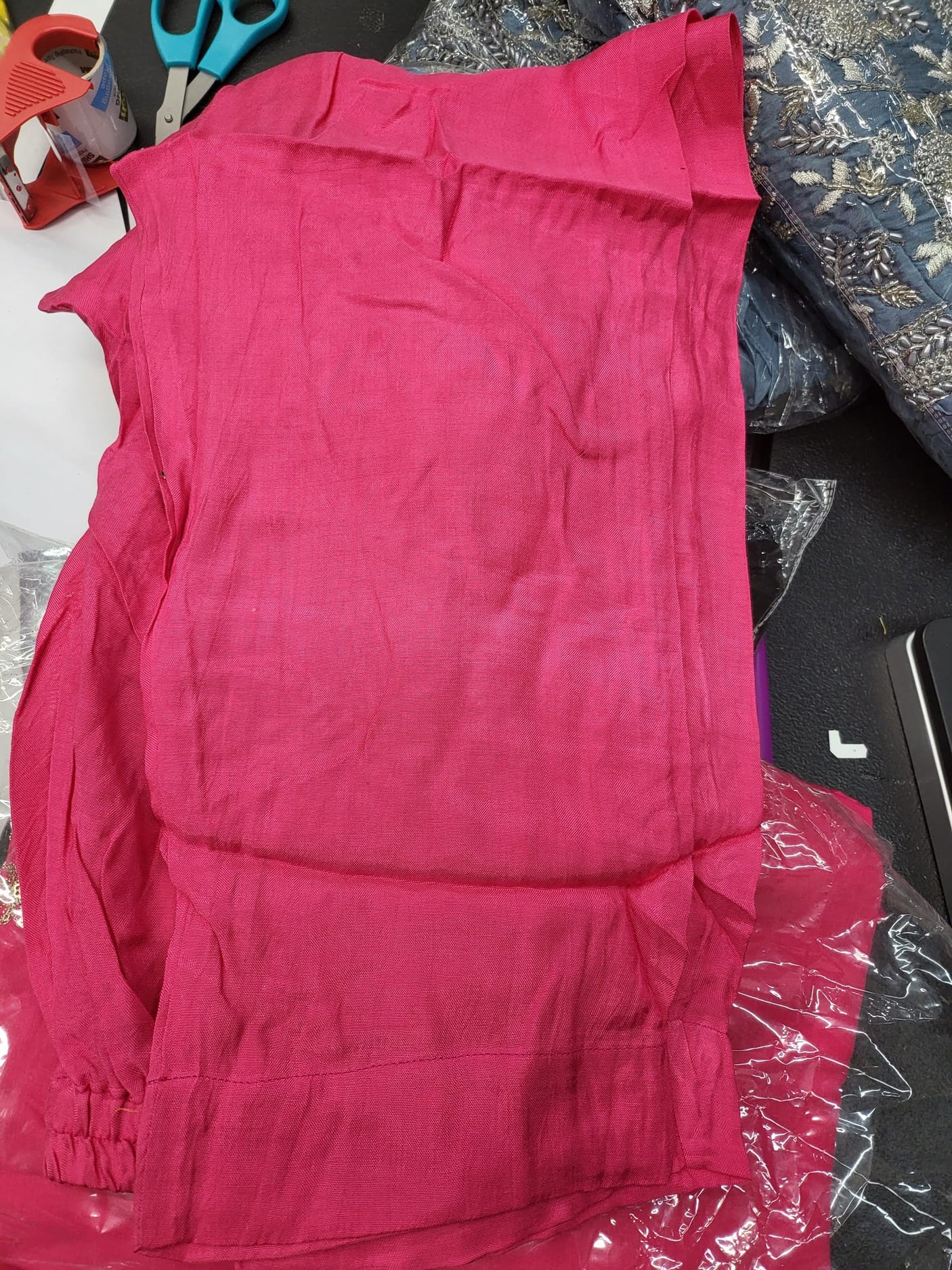 Pure russian silk with beautiful Patra mirror,gotta patti and resham embroidery on neck with tuscons ,gotta lace on ghera and sleeves, pure organza duppta with beautiful gotta patti and mirror handwork embroidery on duppta with print border